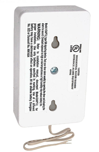 Back view of Poolguard DAPT-2 Alarm showing UL 2017 listing, safety warnings, and mounting screw holes.