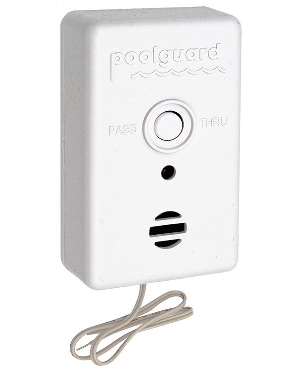Front view of the Poolguard DAPT2 Wireless Door Alarm unit featuring the Pass Thru button and wired magnetic sensor connection.
