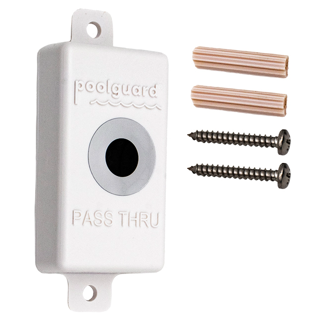 Poolguard DAPT2 Pass Thru unit showing the reset button and included mounting screws and wall anchors.