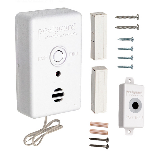 Poolguard DAPT2 Wireless Door Alarm kit with transmitter and magnetic sensors.