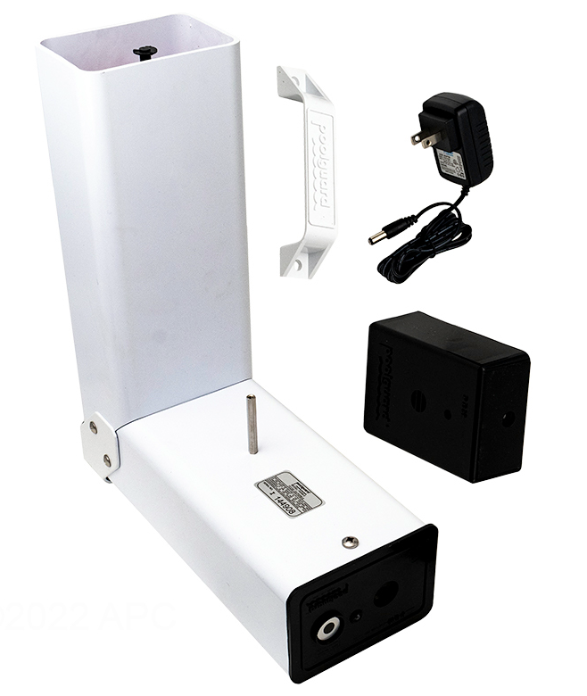 Complete PoolGuard PGRM2 In-Ground Pool Alarm kit including sensor unit, remote receiver, power adapter, and mounting hardware.