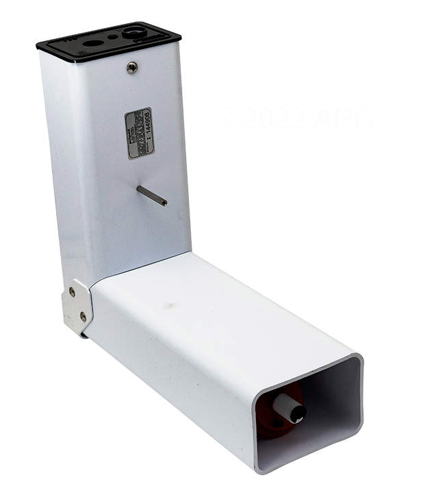 Side view of the PoolGuard PGRM2 in-ground sensor unit showing the mounting holes and the water sensing throat.