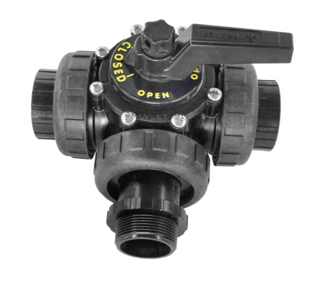 Praher PROV315FFMU 1.5 inch 3-Port Unionized Diverter Valve front view showing black handle and port indicators.