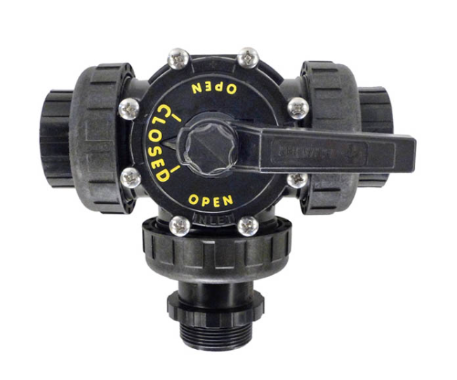 Overhead view of Praher PROV315FFMU diverter valve showing 'Open' and 'Closed' flow markings for pool plumbing.
