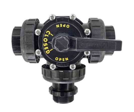 Overhead view of Praher PROV315FFMU diverter valve showing 'Open' and 'Closed' flow markings for pool plumbing.