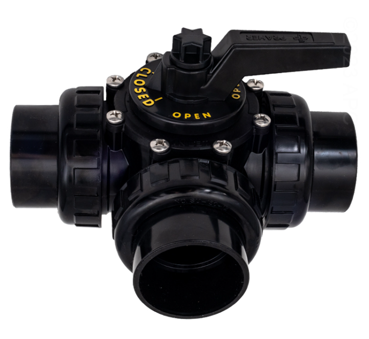 Front view of the Praher PROV32010U 2-inch 3-port unionized valve featuring a black handle with 'Open' and 'Closed' indicators and 2-inch slip unions.
