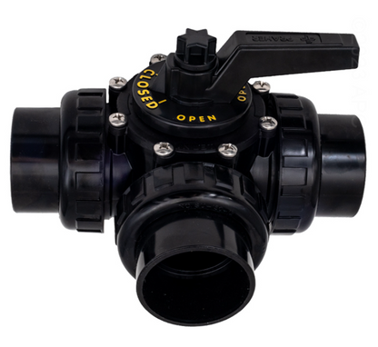Front view of the Praher PROV32010U 2-inch 3-port unionized valve featuring a black handle with 'Open' and 'Closed' indicators and 2-inch slip unions.