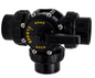 Full assembly view of the Praher PROV32010U 2-inch 3-port unionized valve highlighting the three slip-style union connections and handle position labels.