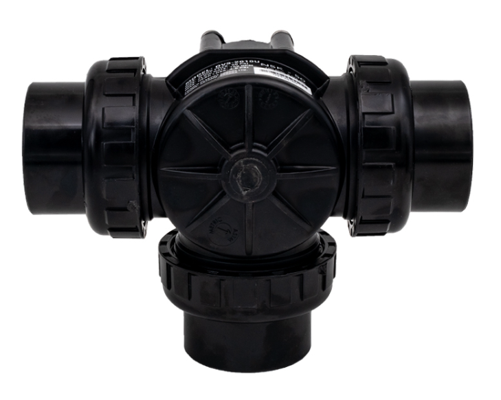 Bottom view of the Praher PROV32010U 3-port valve showing the 2-inch slip socket inlet and internal diverter seal.