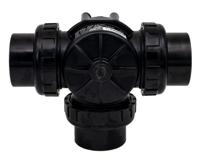 Bottom view of the Praher PROV32010U 3-port valve showing the 2-inch slip socket inlet and internal diverter seal.