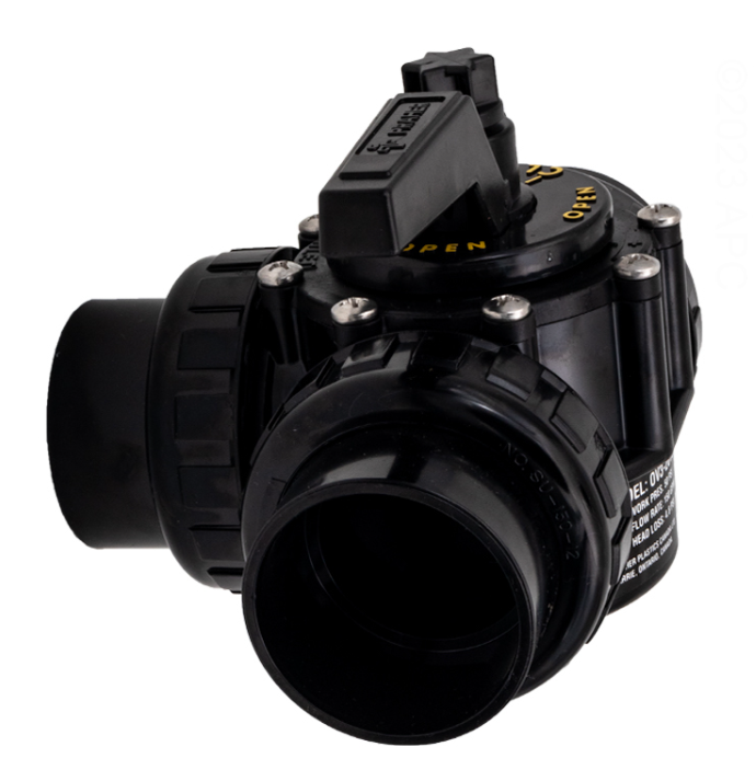 Side angled view of Praher PROV32010U 2-inch valve showing the product identification label and one of the three slip union ports.