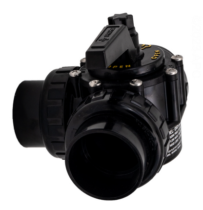 Side angled view of Praher PROV32010U 2-inch valve showing the product identification label and one of the three slip union ports.