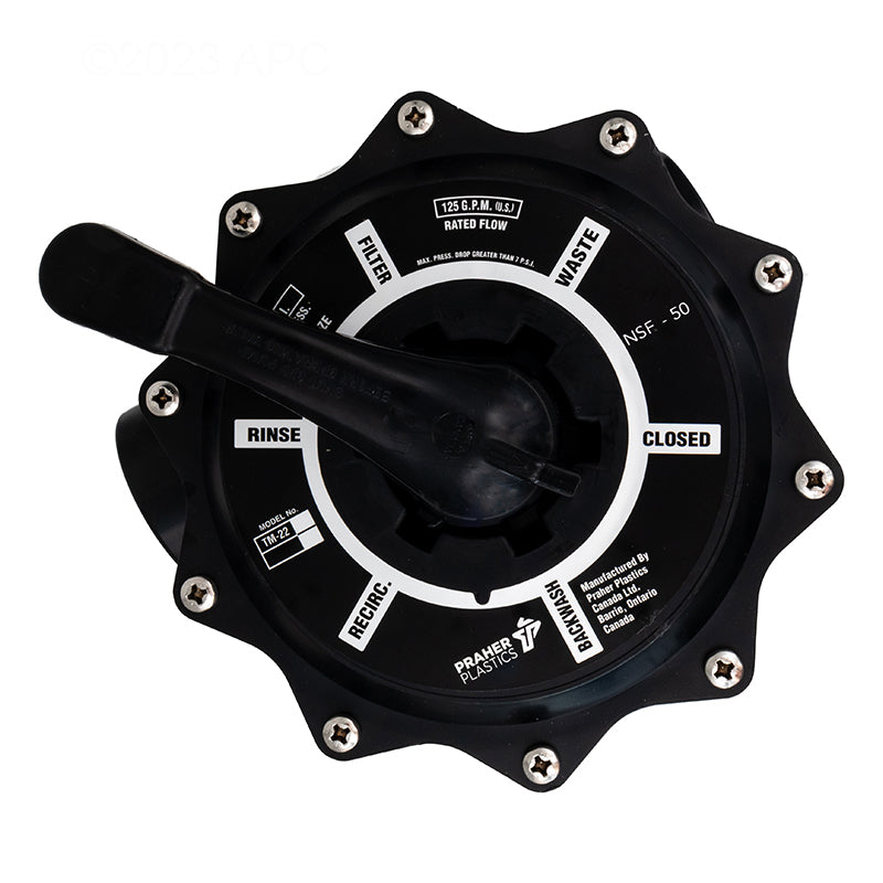 Praher TM-22-PB 7-Way Multiport Valve showing 7-way filter functions and handle positions
