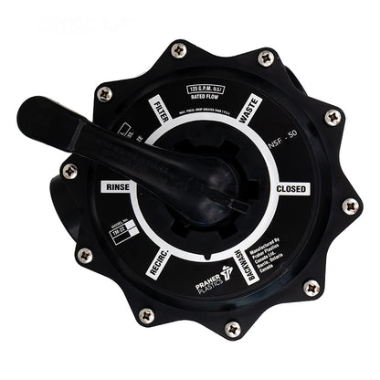 Praher TM-22-PB 7-Way Multiport Valve showing 7-way filter functions and handle positions