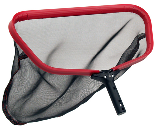 Purity Pool RBTD Red Baron 20-inch professional leaf rake featuring a heavy-duty red aluminum frame and black Tuff Duty mesh bag.