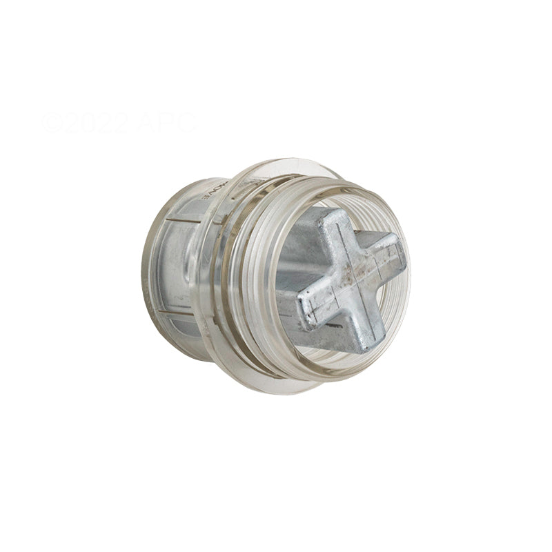 Bottom close-up view of the genuine Raypak 017960F ProTek Shield showing the cross-shaped metal sacrificial anode seated inside the clear plastic threaded housing