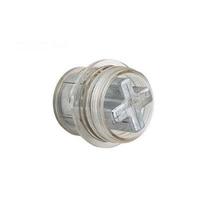 Bottom close-up view of the genuine Raypak 017960F ProTek Shield showing the cross-shaped metal sacrificial anode seated inside the clear plastic threaded housing