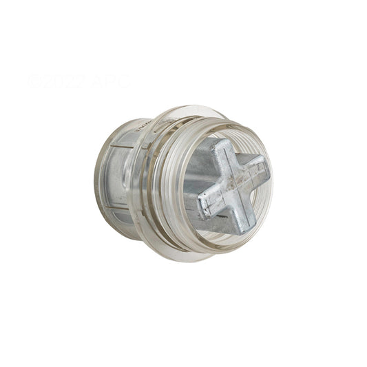 Bottom close-up view of the genuine Raypak 017960F ProTek Shield showing the cross-shaped metal sacrificial anode seated inside the clear plastic threaded housing