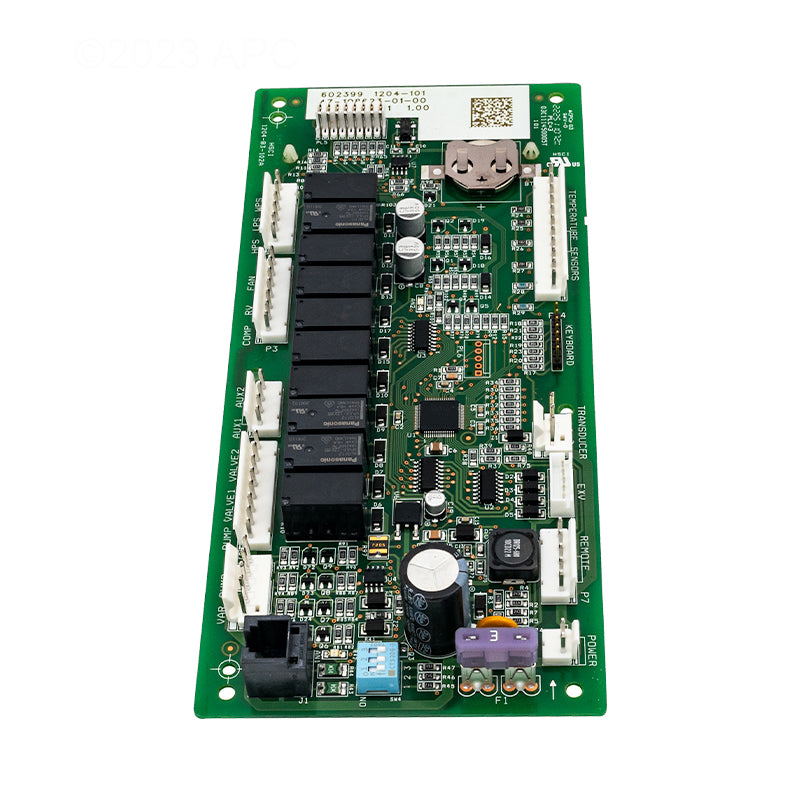 Angled top-down view of the Raypak 100-10000347 Digital Control Board showing the relay components and white terminal connection ports.