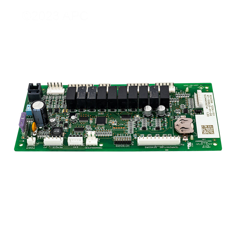 High-angle view of the Raypak 100-10000347 Digital Control Board showing the relay bank and clearly labeled connection ports for temperature sensors and the keyboard.