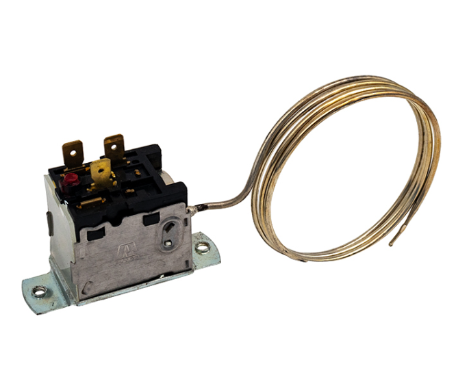 Side view of Raypak H000065 Control Defrost Switch showing electrical terminals and coiled copper capillary tube for RHP heat pumps.