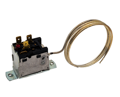 Side view of Raypak H000065 Control Defrost Switch showing electrical terminals and coiled copper capillary tube for RHP heat pumps.