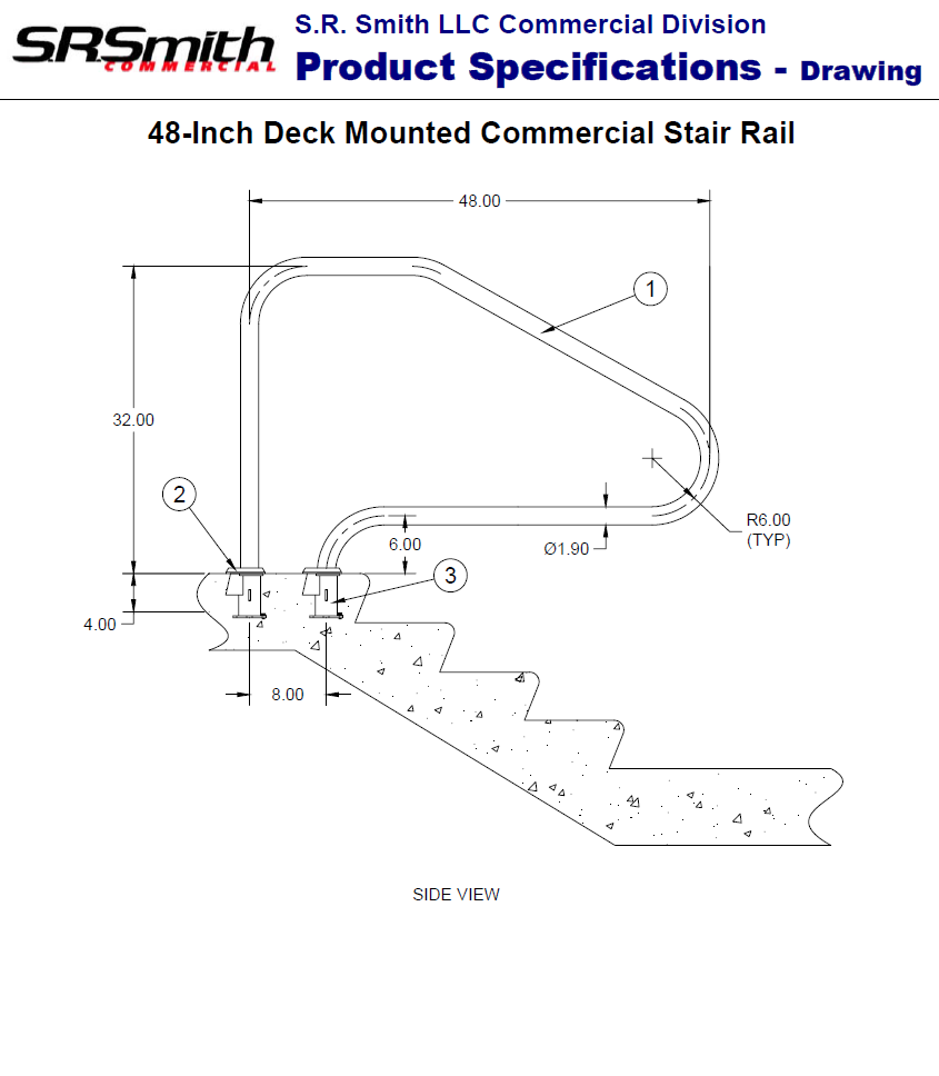 Technical dimensional drawing of the S.R. Smith DMS-101A 4-bend handrail showing the 48-inch width, 32-inch height, and 1.90-inch tubing diameter.