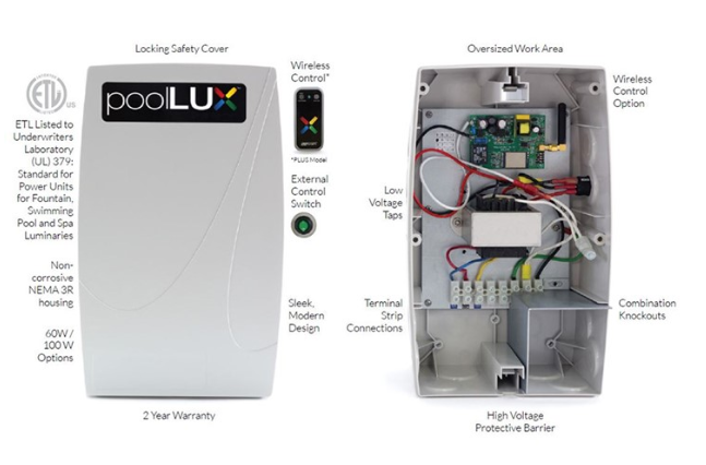 Technical diagram of the S.R. Smith PoolLUX Plus PLX-PL60 showing the internal terminal strip, low voltage taps, and oversized wiring area.