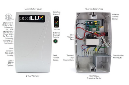 Technical diagram of the S.R. Smith PoolLUX Plus PLX-PL60 showing the internal terminal strip, low voltage taps, and oversized wiring area.