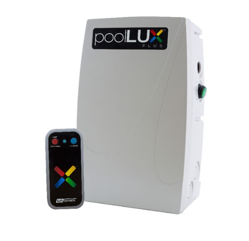 S.R. Smith PoolLUX Plus 60W lighting control system with wireless remote and gray corrosion-resistant housing.