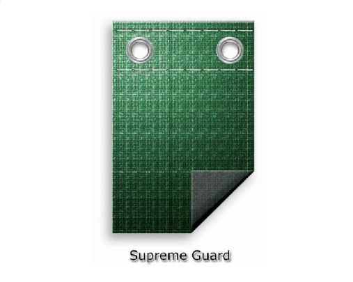 Close-up of the green 12x12 scrim fabric and reinforced metal grommets on a Swimline Supreme Guard pool cover.