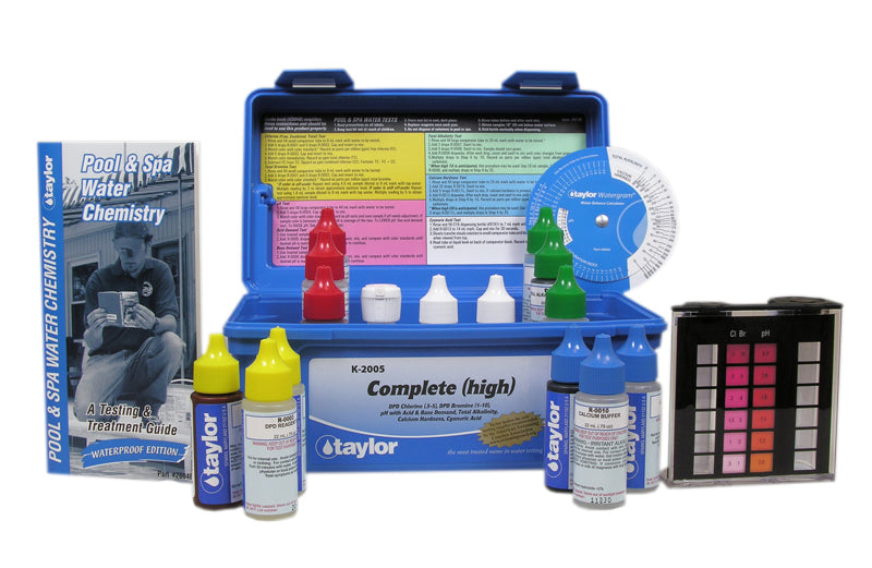 Taylor K-2005 complete DPD pool and spa test kit open showing 9056 color comparator and .75oz reagent bottles.