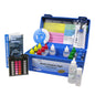 Taylor K-2005C commercial DPD pool test kit with large 2oz reagent bottles and 9056 color comparator in a blue case.