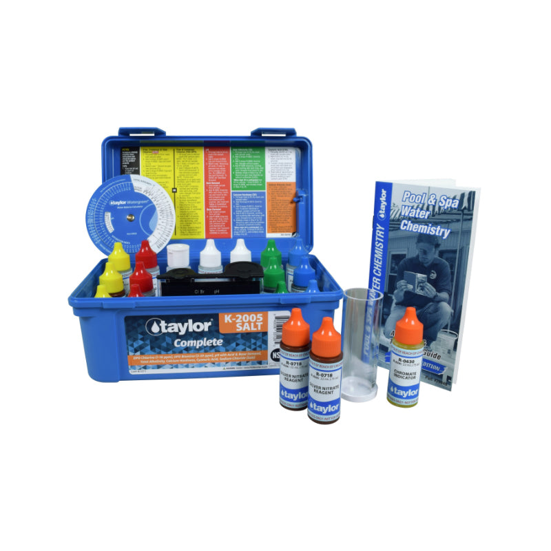 Taylor K-2006-SALT saltwater pool test kit open showing specialized salt test reagents and blue carrying case.