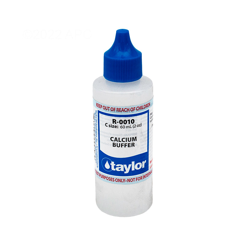 Taylor R-0010-C 2 oz Calcium Buffer #10 Pool Water Test Reagent - Front view of the 2-ounce replacement dropper bottle with a blue cap.
