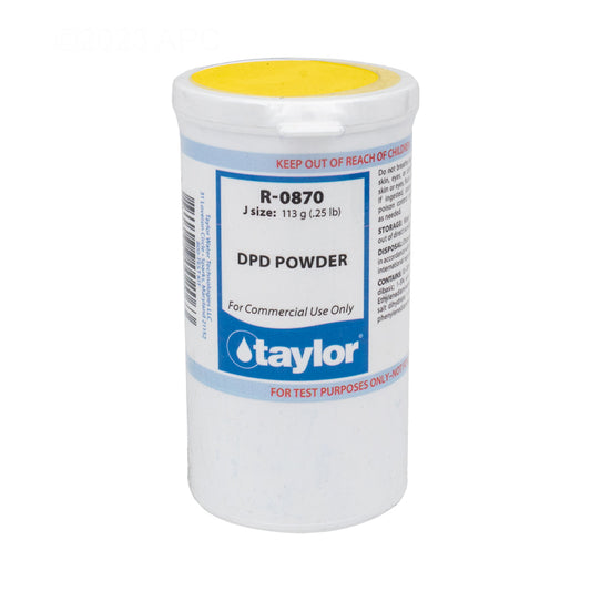 Taylor R-0870-J 0.25 lb DPD Powder Reagent Container for Pool Testing showing the front label