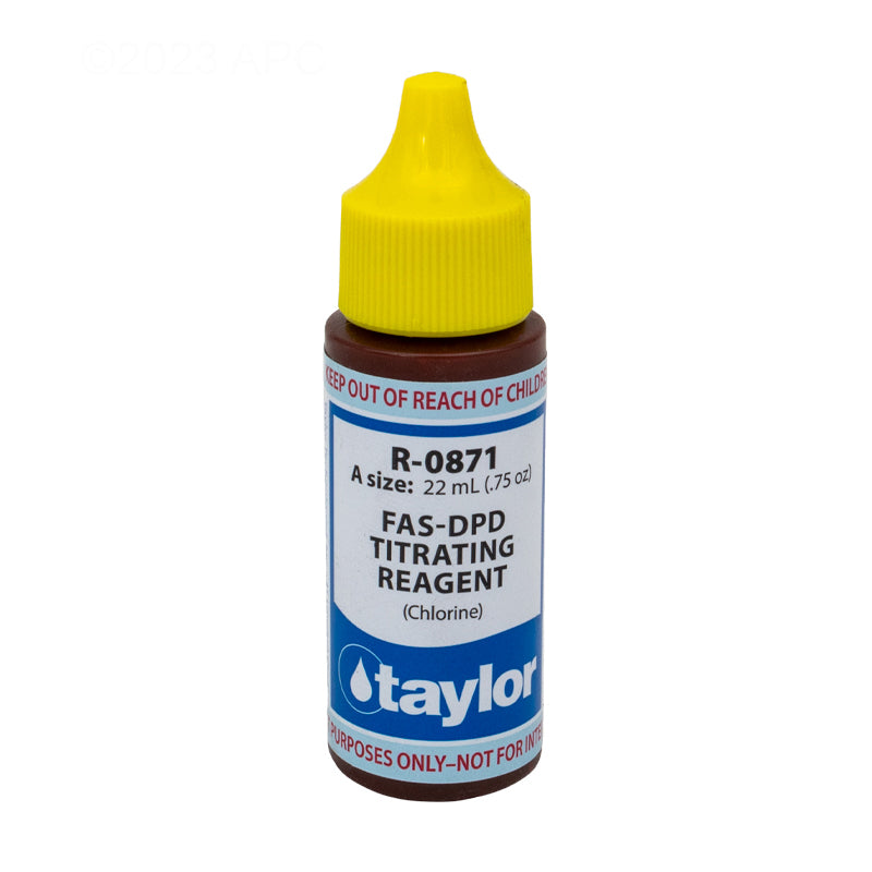 Taylor R-0871-A 0.75 oz FAS-DPD Chlorine Titrating Reagent - Front view of the replacement yellow dropper bottle.