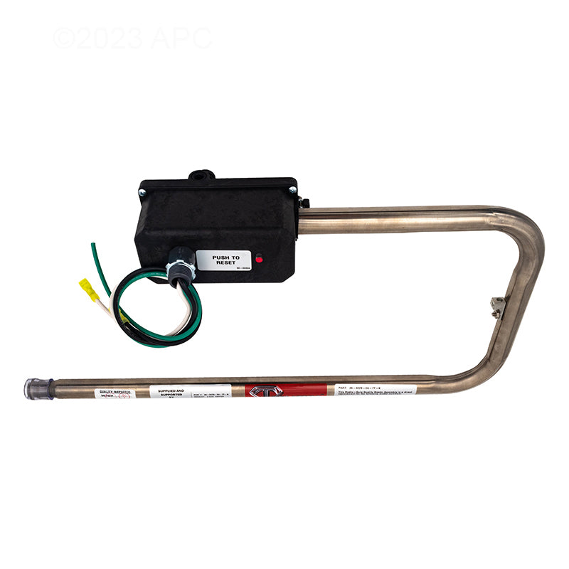 Therm Products HTAC32292A spa heater opposite side showing push-to-reset high-limit switch box.