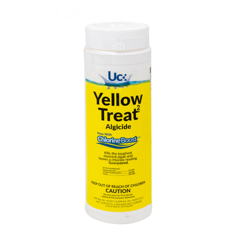 Front view of Genuine United Chemical Yellow Treat 2 mustard algaecide 2 lb bottle
