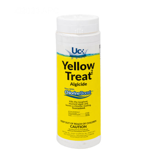 Front view of Genuine United Chemical Yellow Treat 2 mustard algaecide 2 lb bottle