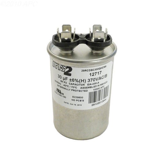 Front view of the silver U.S. Seal 30 MFD 370VAC Round Run Capacitor (5VR0303) with dual tab terminals.