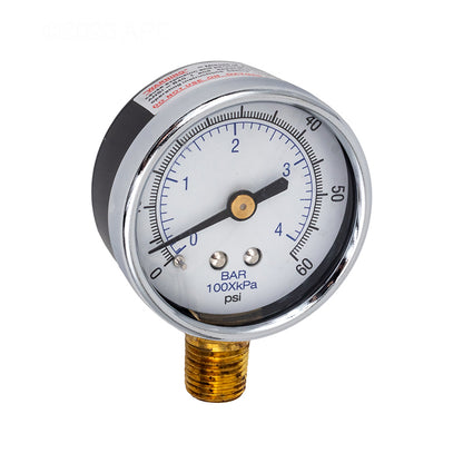 Waterco WC30B3000 0-60 PSI Bottom-Mount Pool Filter Pressure Gauge - Front view showing the 0-60 PSI and 0-4 bar dial face.