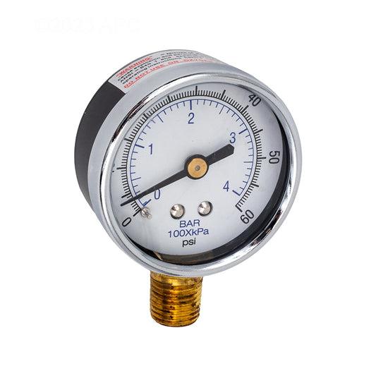 Waterco WC30B3000 0-60 PSI Bottom-Mount Pool Filter Pressure Gauge - Front view showing the 0-60 PSI and 0-4 bar dial face.