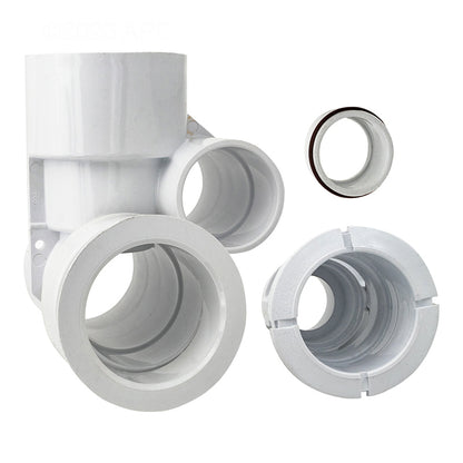 Waterway 210-3700B 1.5 in Air x 2 in Water Poly Gunite Jet Body - Front view showing the three main components: the jet insert, threaded retainer ring, and T fitting body.