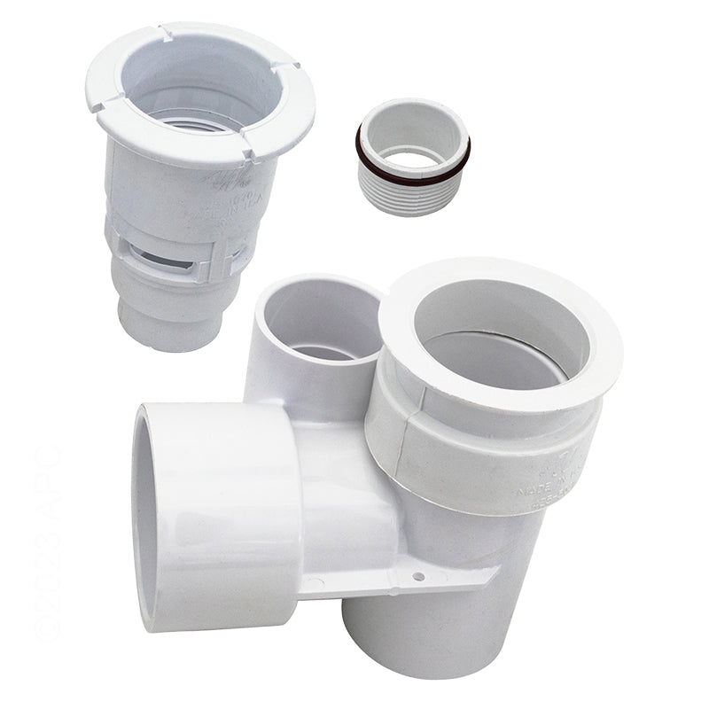 Waterway 210-3700B 1.5 in Air x 2 in Water Poly Gunite Jet Body - Front angled view showing the white tee body and threaded retainer ring.