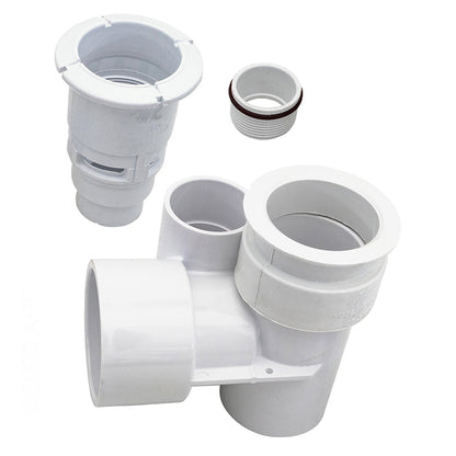 Waterway 210-3700B 1.5 in Air x 2 in Water Poly Gunite Jet Body - Front angled view showing the white tee body and threaded retainer ring.