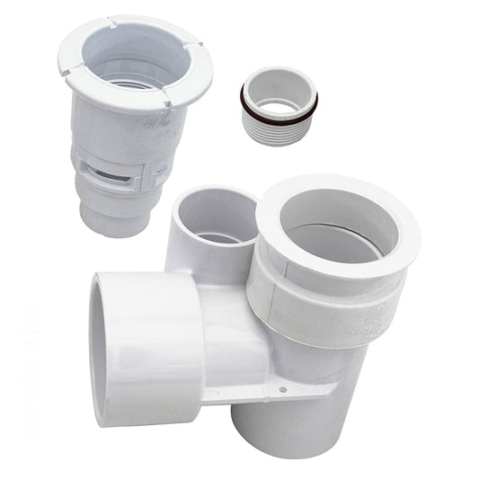 Waterway 210-3700B 1.5 in Air x 2 in Water Poly Gunite Jet Body - Front angled view showing the white tee body and threaded retainer ring.