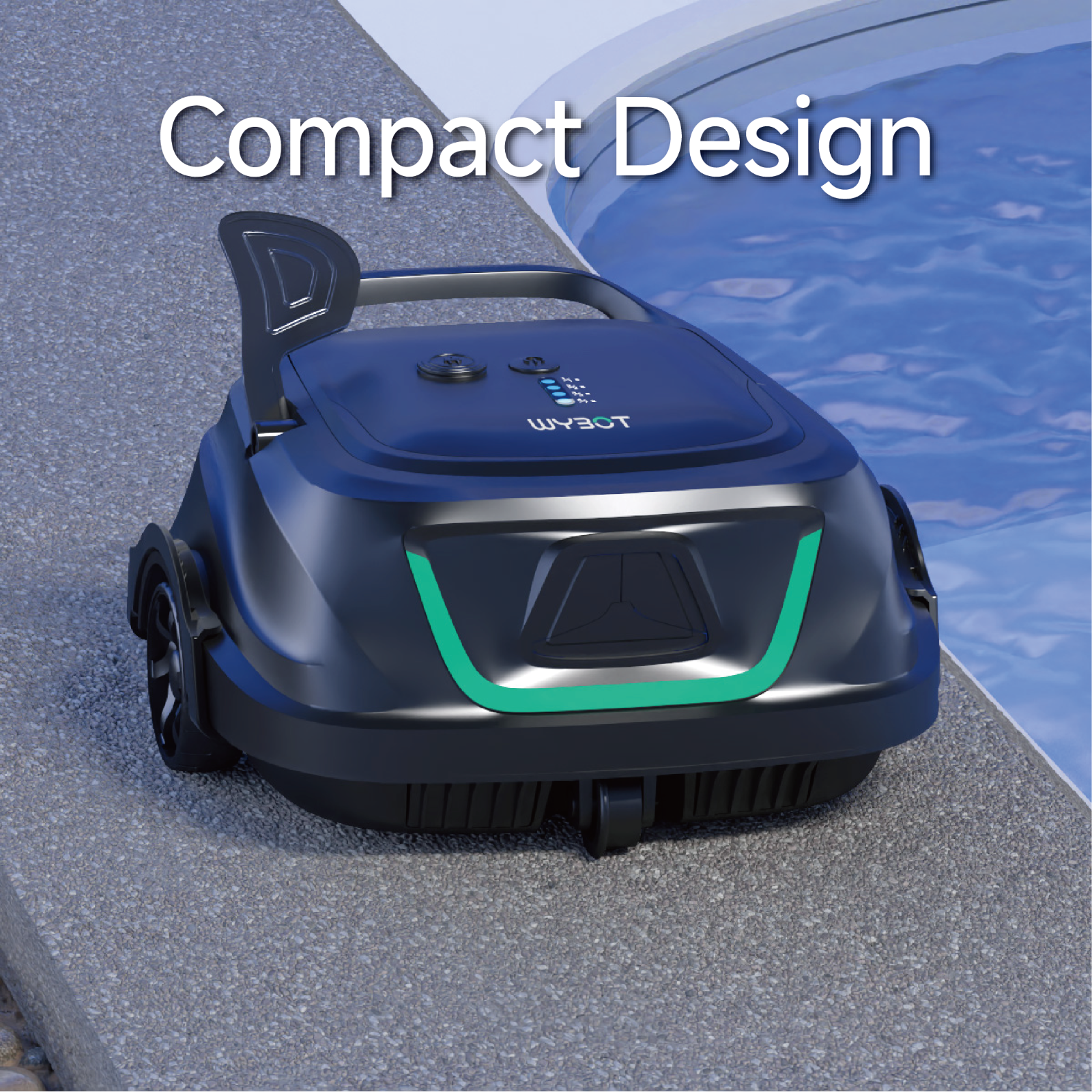 Top-down view of the WYBOT A1 robotic pool cleaner on a stone pool deck highlighting its compact design and ergonomic handle.