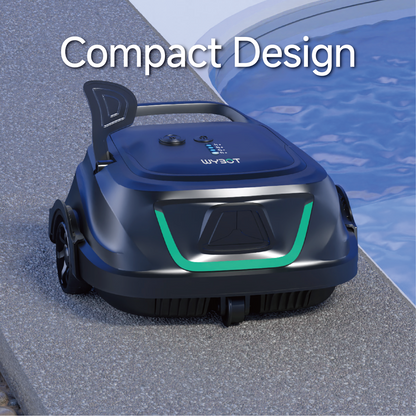 Top-down view of the WYBOT A1 robotic pool cleaner on a stone pool deck highlighting its compact design and ergonomic handle.