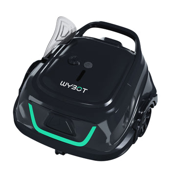 Main view of the WYBOT A1 Cordless Robotic Pool Cleaner in black and green showing the dual-motor intake and handle.